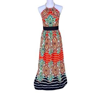 Eliza J Floral Striped Halter Maxi Dress Size 4 Bright Gold Chain Neckline GUC